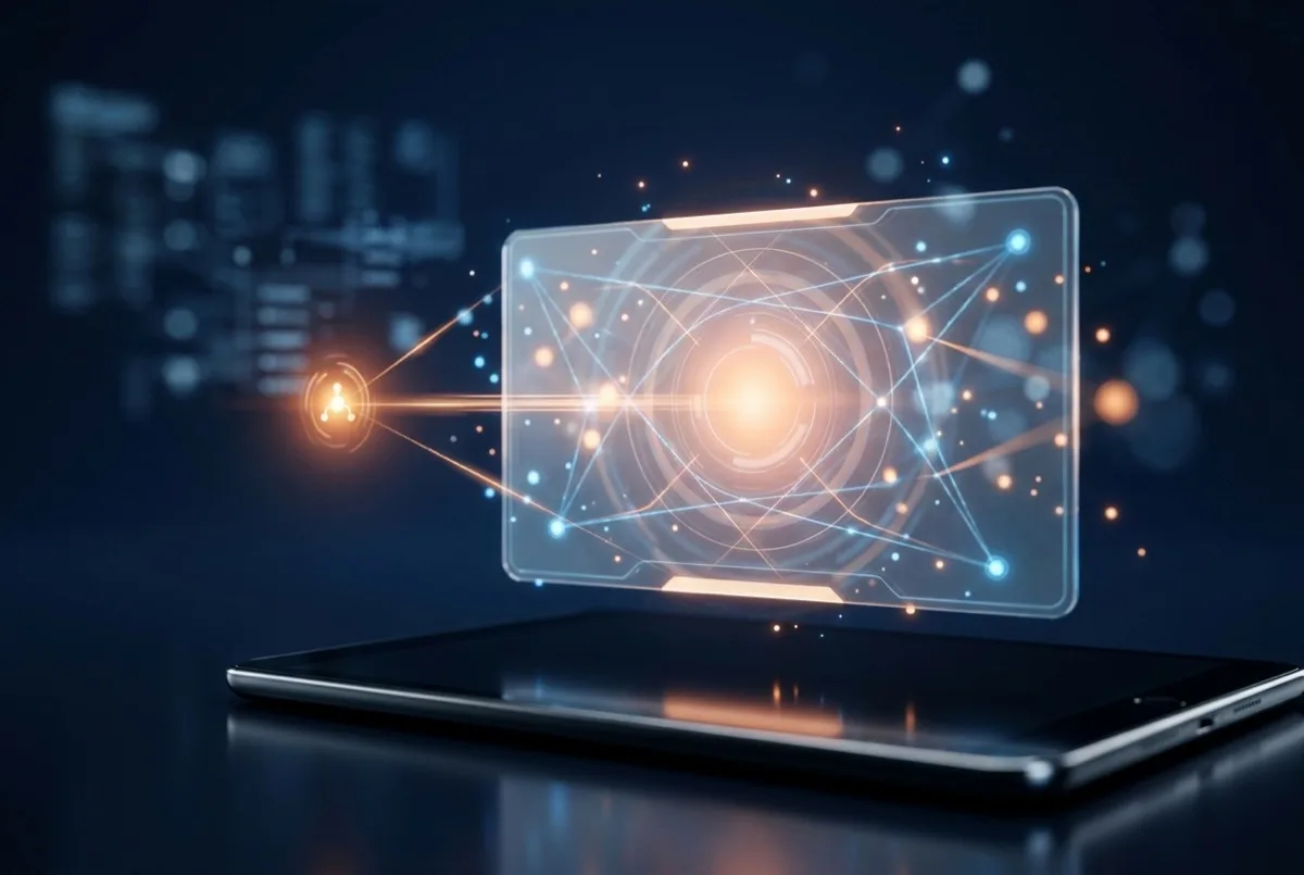 Holografikus AI-válaszpanel egy kiemelt, idézett forrással — AEO és GEO láthatóság