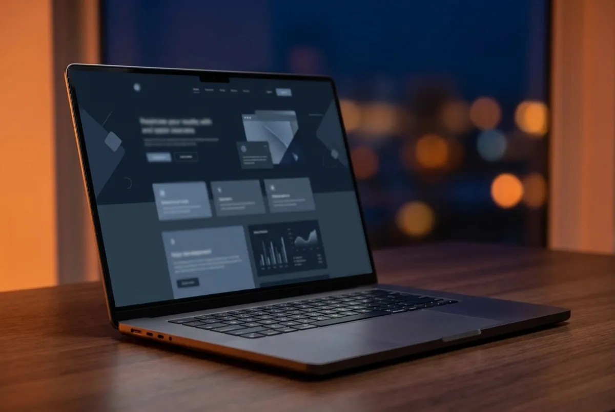 Modern, sötét weboldal egy laptop képernyőjén, strukturált tartalmi blokkokkal