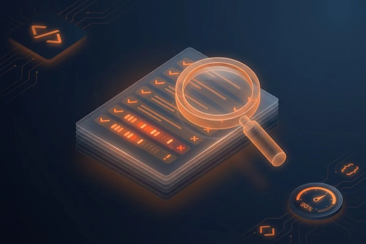 AI SEO audit-jelentés: pipákkal jelölt rendben lévő és kiemelt javítandó pontok, nagyítóval és schema-jelekkel