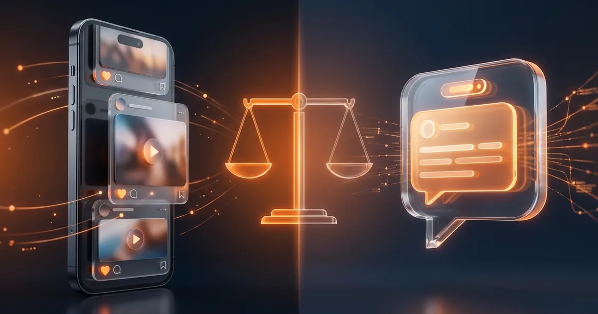 Kettéosztott kép: bal oldalon közösségi hírfolyam kép- és videókártyákkal, jobb oldalon AI-válasz szponzorált kártyával, középen mérleg — Meta és ChatGPT hirdetés összehasonlítása, navy háttéren narancs kiemeléssel